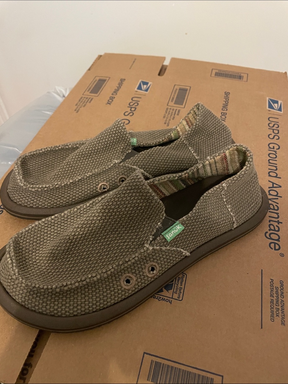 Sanuk Olive Woven Slip-On Sneakers with Striped Lining